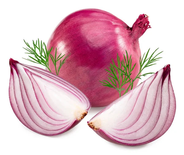 Red Sliced Onion Green Leaves Isolated White Background Clipping Path — Stockfoto