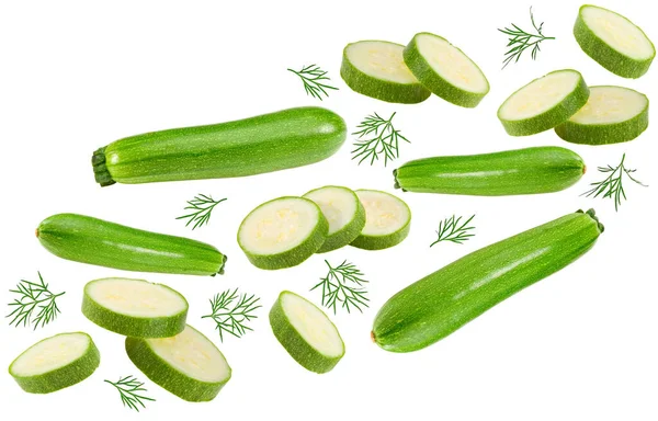 Gesneden Verse Groene Courgette Merg Geïsoleerd Witte Achtergrond Volledige Scherptediepte — Stockfoto