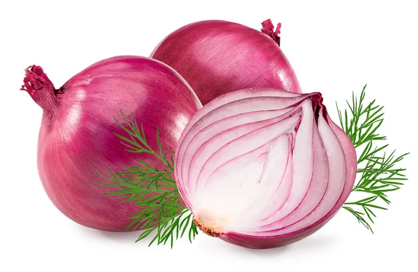 Red Sliced Onion Green Leaves Isolated White Background Clipping Path — Stockfoto