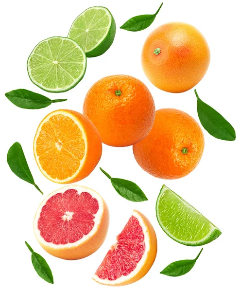 Latające Egzotyczne Owoce Limonki Grejpfrutów Owoców Pomarańczy Wyizolowanych Białym Tle — Zdjęcie stockowe