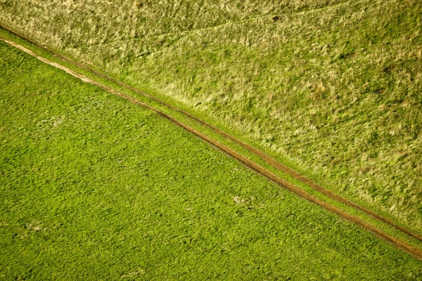 Trilha de trator diagonal prado verde — Fotografia de Stock