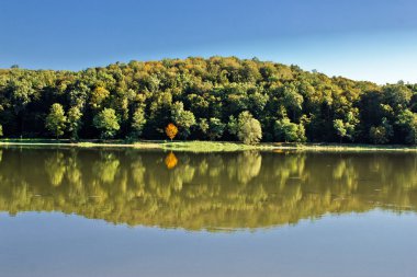 Gölün yüzeyinde pastoral sonbahar yansımalar