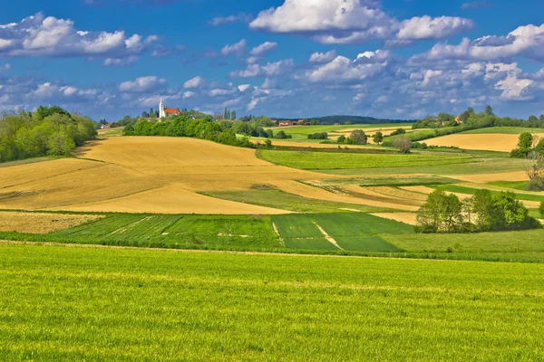 Idyllisches Dorf auf einem grünen Hügel — Stockfoto