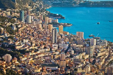 Monte Carlo gökdelenlerinin hava manzarası, Monako Prensliği, Cote D Azur