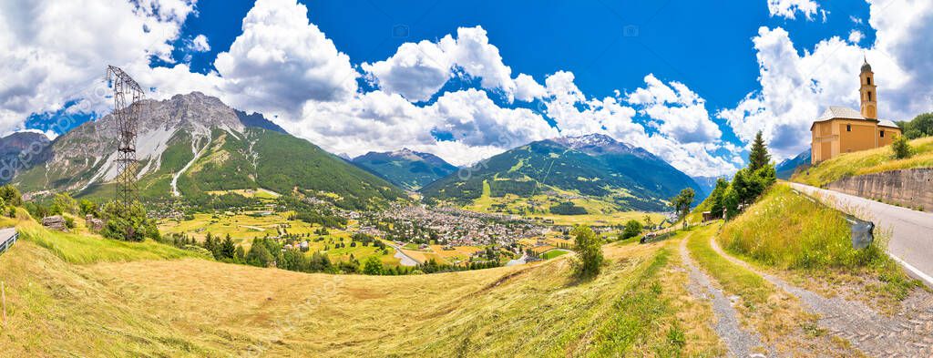 Town of Bormio in Dolomites Alps panoramic landscape view, Province of Sondrio, Lombardy, Italy