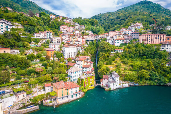 Town of Nesso historic lakefront aerial view, Como Lake, Lombardy region of Italy