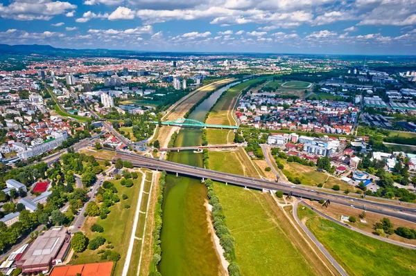 Zagrzeb Widok Lotu Ptaka Rzekę Savę Miasto Zagrzeb Stolica Chorwacji — Zdjęcie stockowe