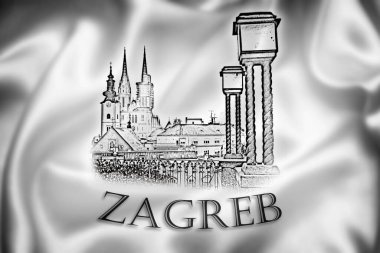 Zagreb illüstrasyonu. Tarihsel Zagreb kuleleri siyah eskiz görünümlü şehir adı. Hırvatistan 'ın başkenti