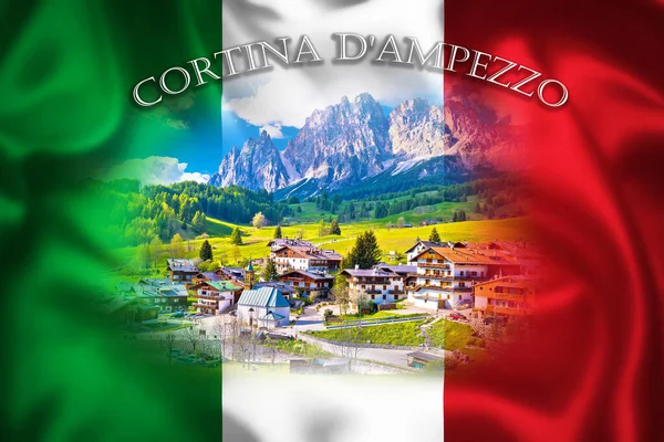 Alpenlandschaft Cortina Ampezzo Auf Italienischer Flagge Idyllische Berggipfel Der Dolomiten — Stockfoto