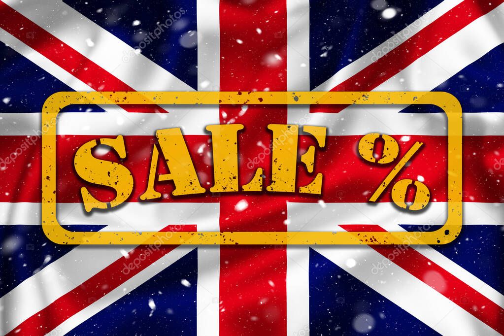 Season sale banner illustration on Union Jack flag, shopping season in UK, snow overlay