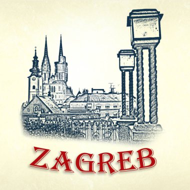 Zagreb illüstrasyonu. Tarihsel Zagreb kuleleri siyah eskiz görünümlü şehir adı. Hırvatistan 'ın başkenti