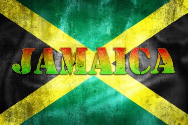 Jamaica colorful label illustration on grunge Jamaica flag, symbol of Caribbean
