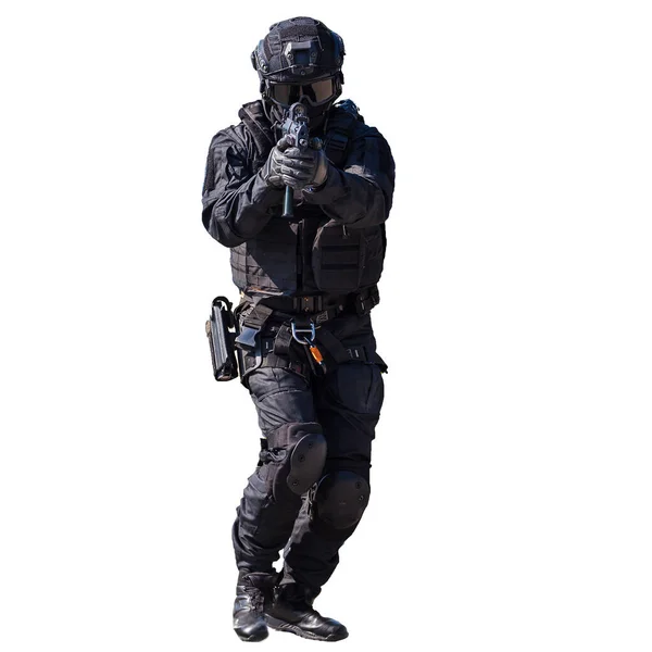 Special Forces Member Action Isolated White Background Unmarked Unrecognizable Swat — 图库照片