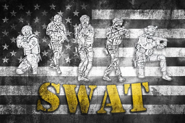 Special Forces Tactical Team Action Illustration Flag Unmarked Unrecognizable Swat — стоковое фото