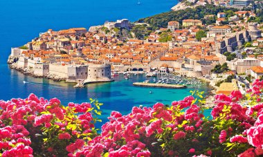 Hırvatistan 'ın Dalmaçya bölgesinde tarihi Dubrovnik kasabası çiçek manzarası ve turizm beldesi