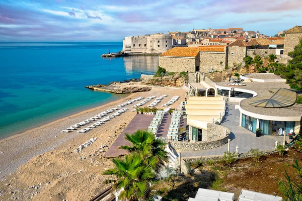 Dubrovnik Banje Strand Historische Muren Van Dubrovnik Uitzicht Beroemde Bestemming — Stockfoto