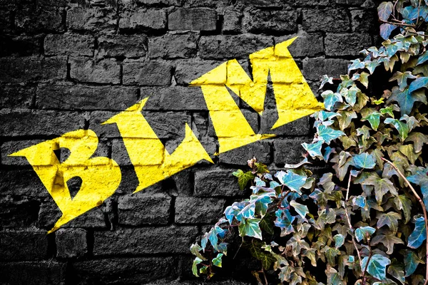Черно Желтые Граффити Черной Кирпичной Стене Плющом Символ Общественного Движения — стоковое фото