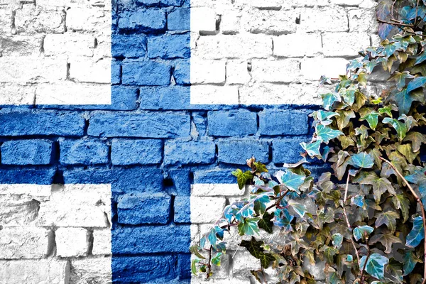 Finnland Grunge Flagge Ziegelmauer Mit Efeu Pflanze Ländersymbolkonzept — Stockfoto