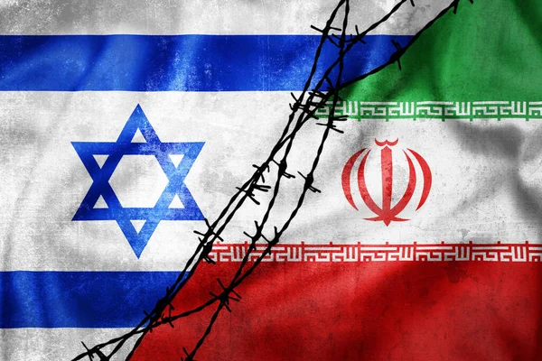 Grunge Vlaggen Van Iran Israël Verdeeld Door Prikkeldraad Illustratie Concept — Stockfoto