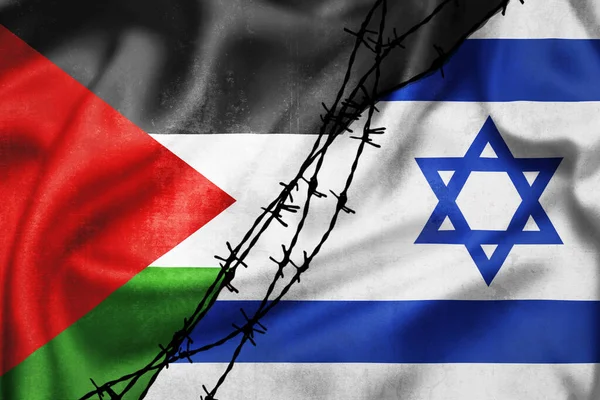 Grunge Flaggen Von Palästina Und Israel Durch Stacheldraht Geteilt Illustration — Stockfoto