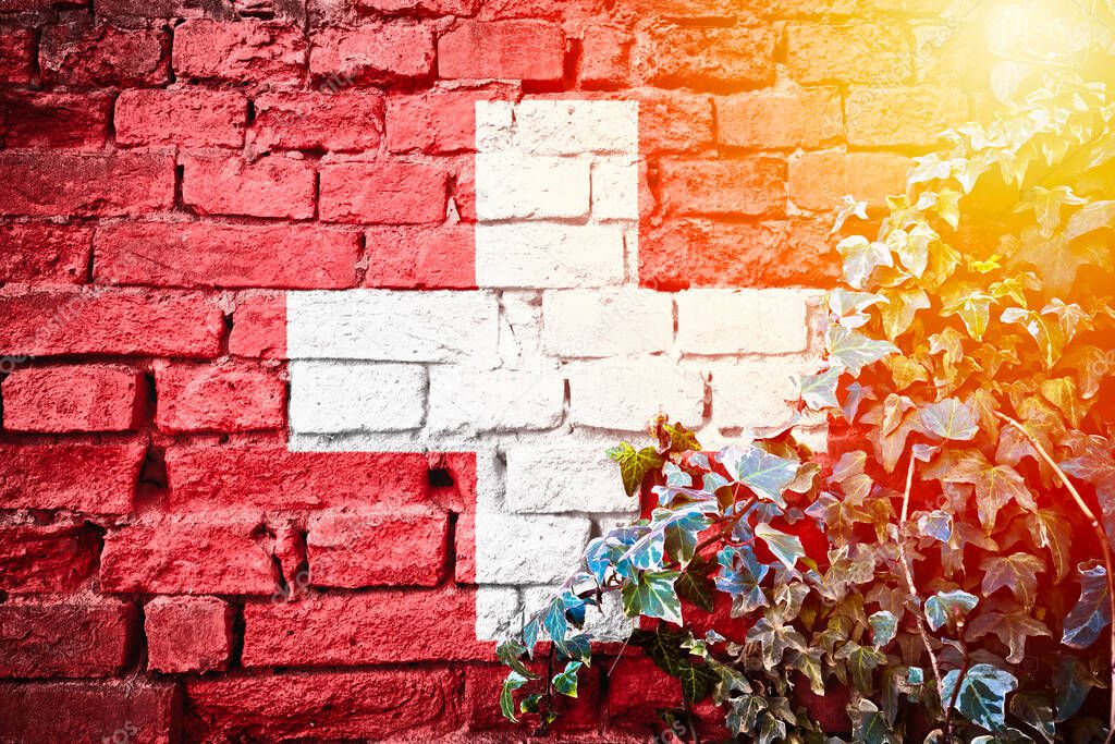 Switzerland grunge flag on brick wall with ivy plant sun haze view, country symbol concept