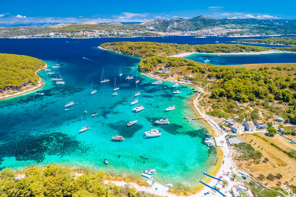 Pakleni otoci Marinkovac island turquoise bay yachting destination aerial view, Hvar island, Dalmatia region of Croatia