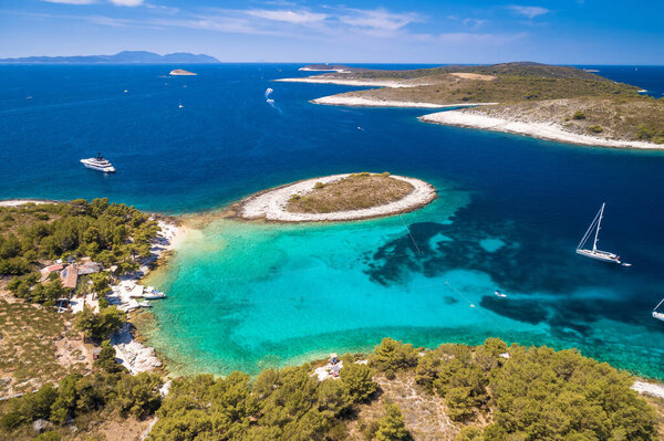 Pakleni otoci Marinkovac island turquoise bay yachting destination aerial view, Hvar island, Dalmatia region of Croatia