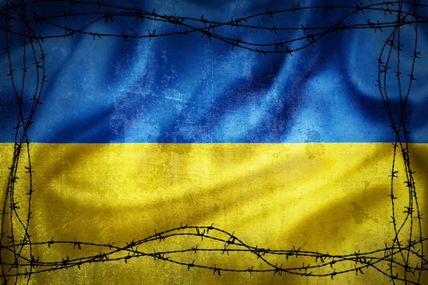 Прапор України Оточенні Барбадрового Дроту Поняття Напружених Відносин Між Україною — стокове фото