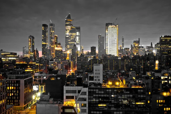 Skyline Epico New York Vista Notturna Bianco Nero Con Luci — Foto Stock