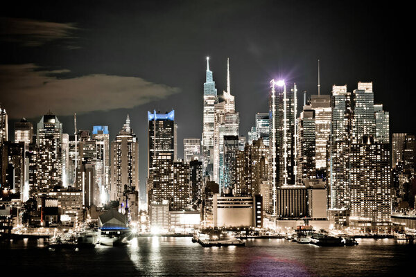 New York City uptown skyline sepia color night view, United States of America