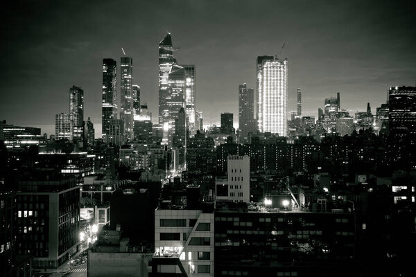 New York dark city skyline evening black and white view, USA