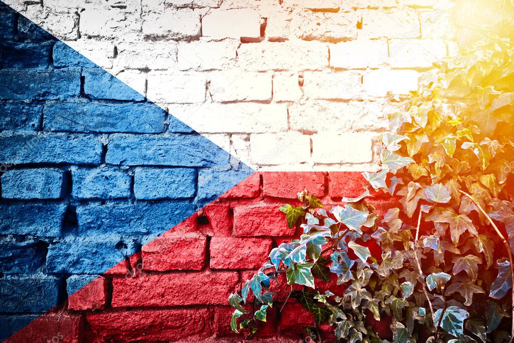 Czech Republic grunge flag on brick wall with ivy plant sun haze view, country symbol concept