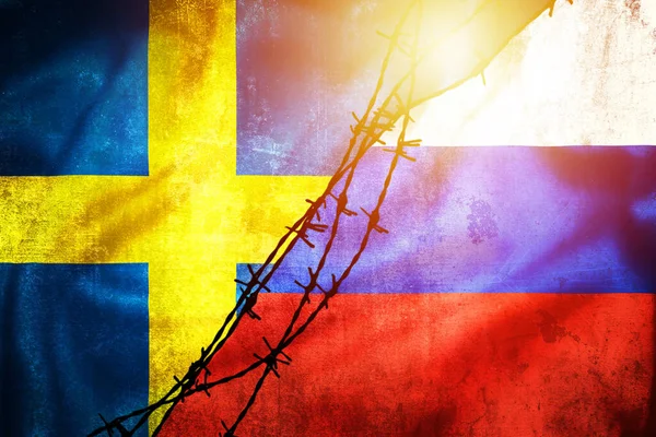 Grunge Flags Russian Federation Sweden Divided Barb Wire Sun Haze — Fotografia de Stock