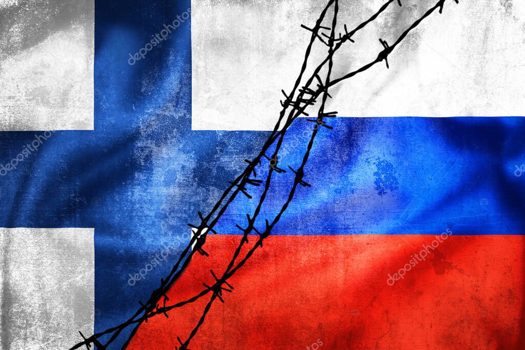 Grunge flags of Russian Federation and Finland divided by barb wire illustration, concept of tense relations between west and Russia