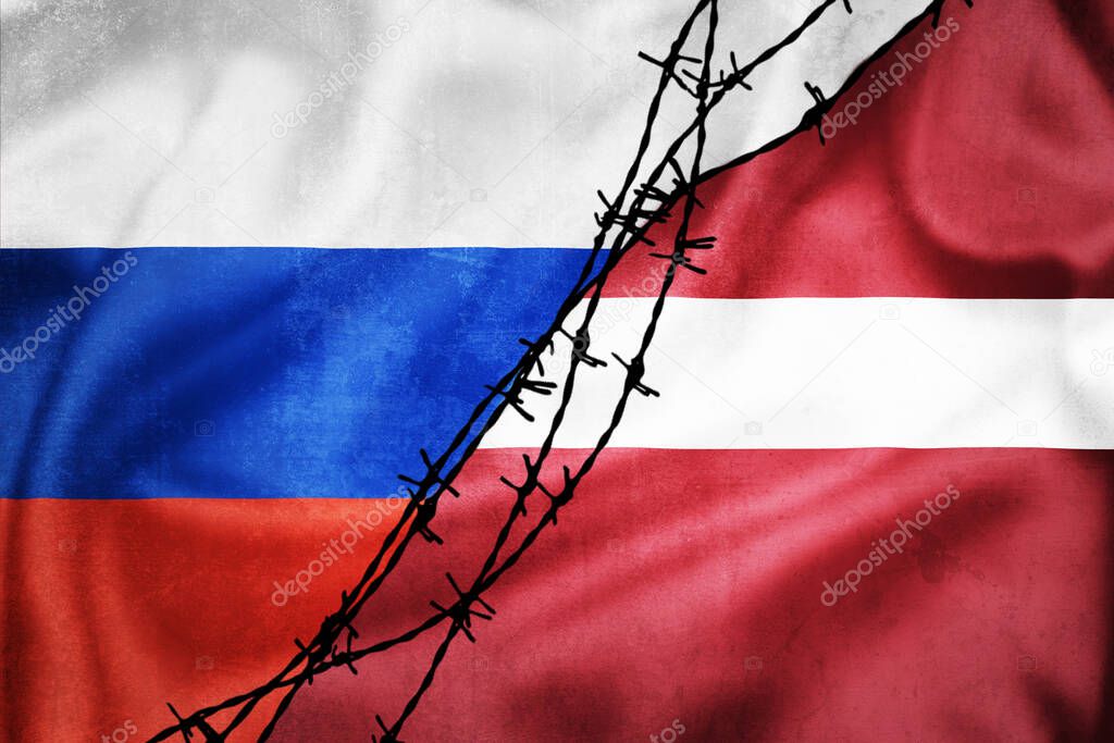Grunge flags of Russian Federation and Latvia divided by barb wire illustration, concept of tense relations between west and Russia