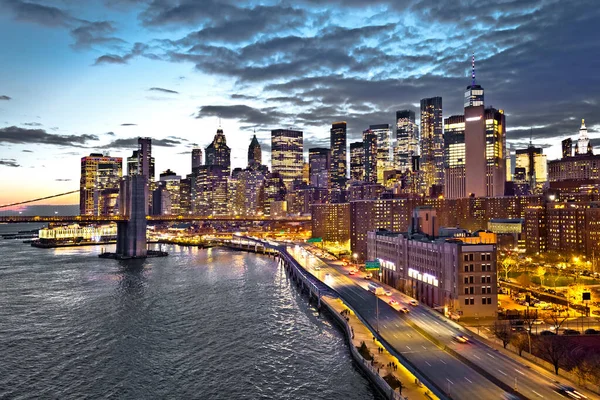 Skyline New York City Downtown Brooklyn Bridge Dusk View United — Stockfoto