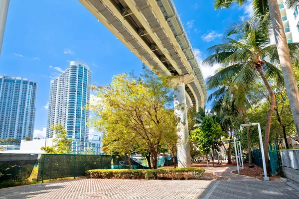 Miami downtown street view under mover train track, Florida state, United States of America