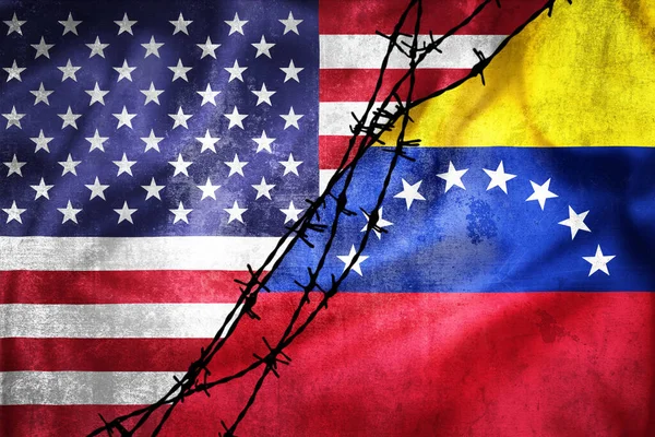 Banderas Grunge Usa Venezuela Divididas Por Ilustración Alambre Púas Concepto — Foto de Stock