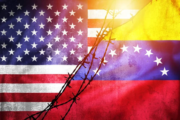 Grunge Flags Usa Venezuela Divided Barb Wire Sun Haze Illustration — Stock Photo, Image