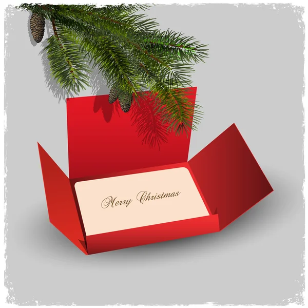 Biglietto natalizio e busta rossa con ramo di abete — Vettoriale Stock