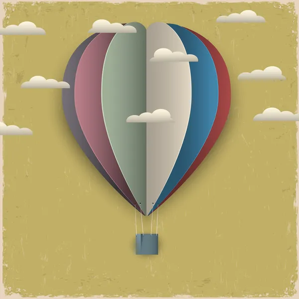 Balão de ar quente retro e nuvens de papel — Vetor de Stock