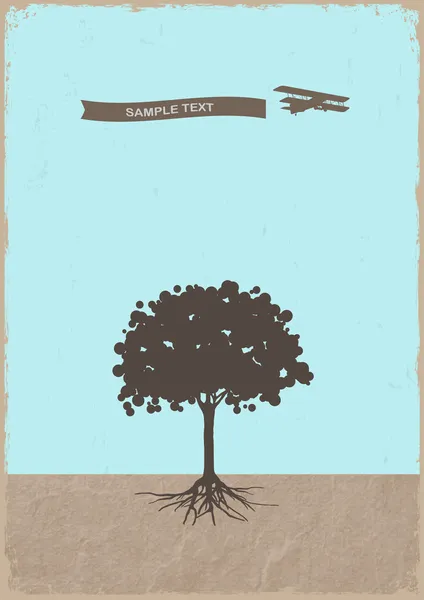 Silhouette of tree and old plane on grunge paper — Stock Vector