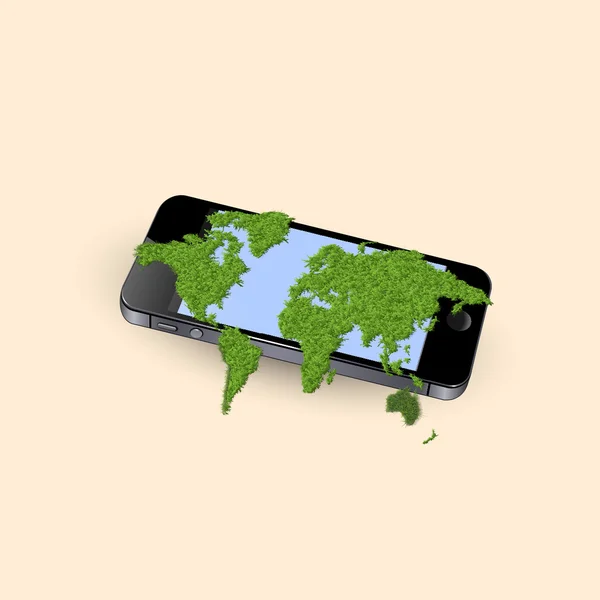 Mobile phone with stylized green world map — Stock Vector