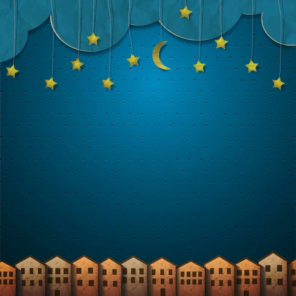 Casas y luna con estrellas de papel — Vector de stock