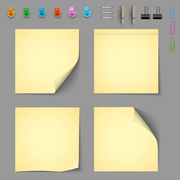Желтые уведомления с элементами для прикрепления бумаги — стоковый вектор
