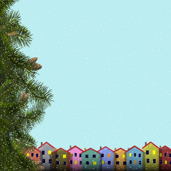 モミやカラフルな家の枝とのクリスマス カード — ストックベクタ