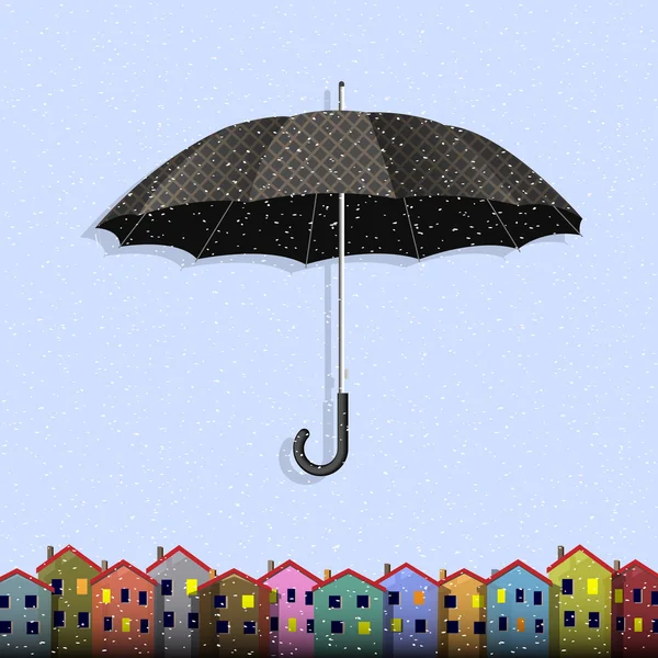 Parapluie dans blizzard avec maisons en papier coloré — Image vectorielle