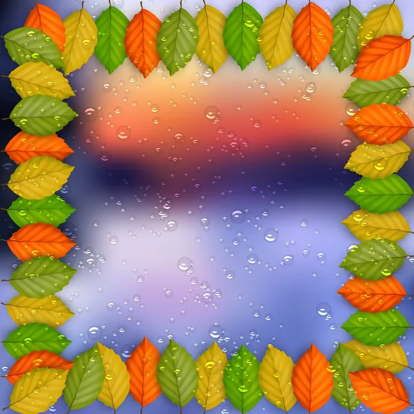 Frame of colored leaves with rain drops — Stock Vector