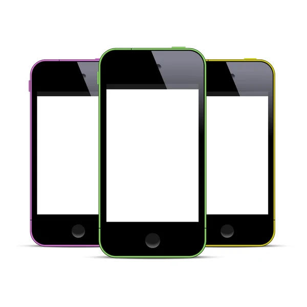 Tres teléfonos inteligentes de color con pantallas en blanco — Vector de stock