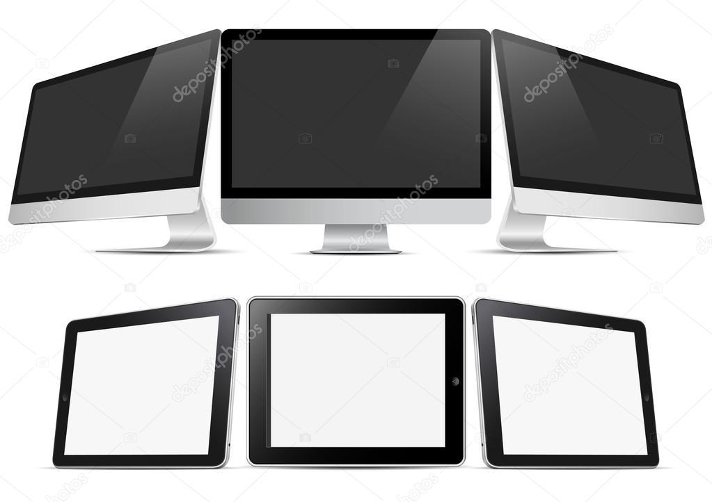 Three desktop computers and three tablets (pc)